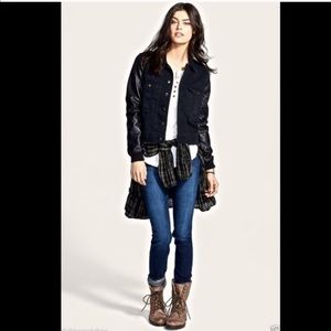 Free People Black Faux Leather Sleeve Denim Jacket